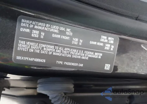 2023 Lucid Air Pure z USA, uszkodzony, nr VIN 50EA1PFA4PA006426